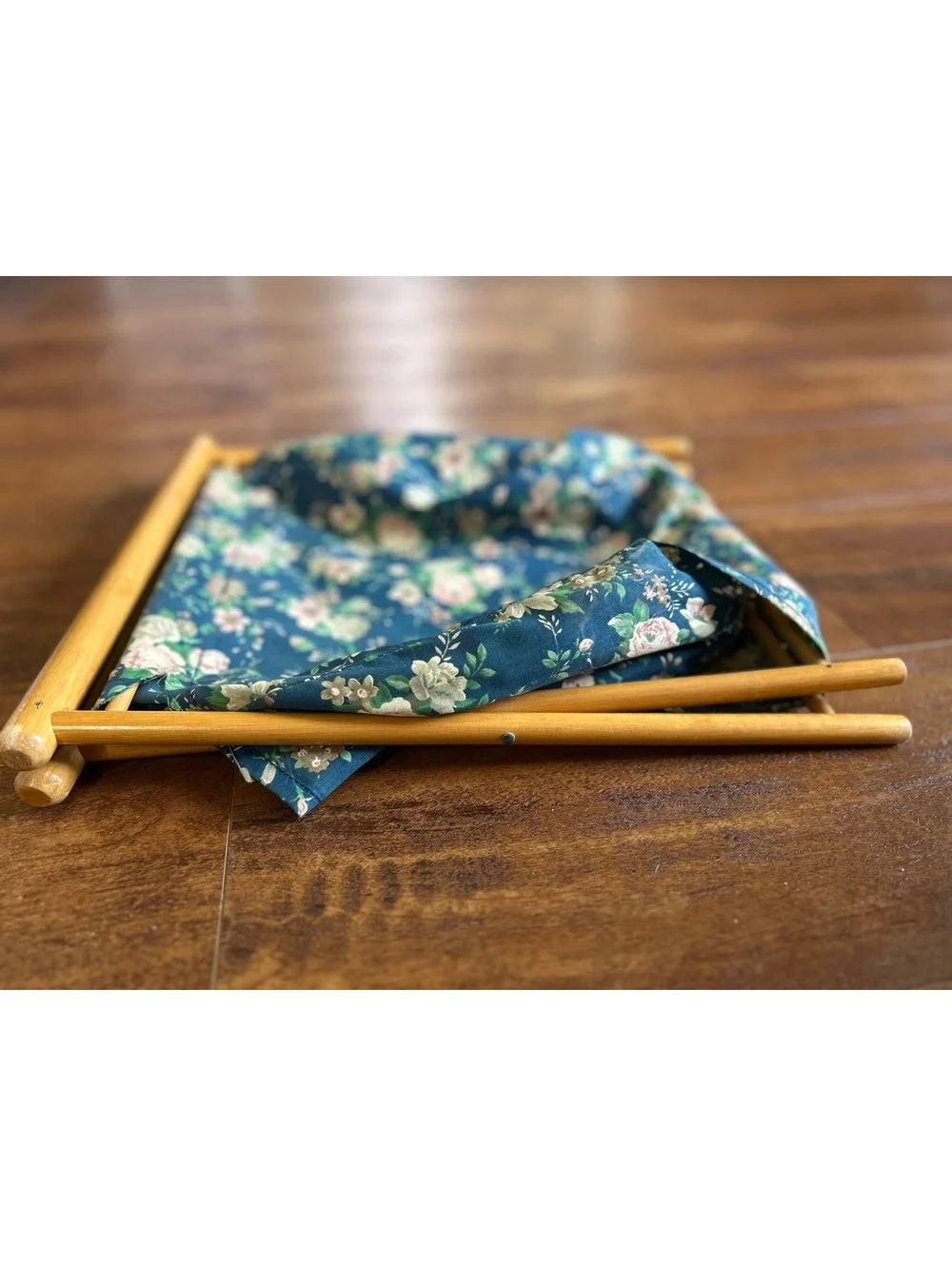 Vintage Floral Fabric and Wood Folding Storage Basket